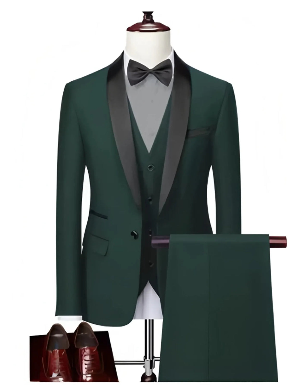 Men'S Green Leaf Collar Three-piece Formal Suit | Contrasting Color Design, Tailored Fit, Includes Vest, Shirt, Pants, Suitable