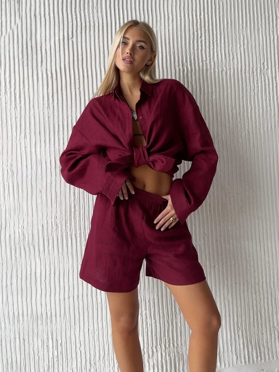 Bornladies 100% Cotton Women's Casual Shorts Sets Solid Color Cozy Lapel Long Sleeve Shirt Summer Elastic Waist Shorts Suits