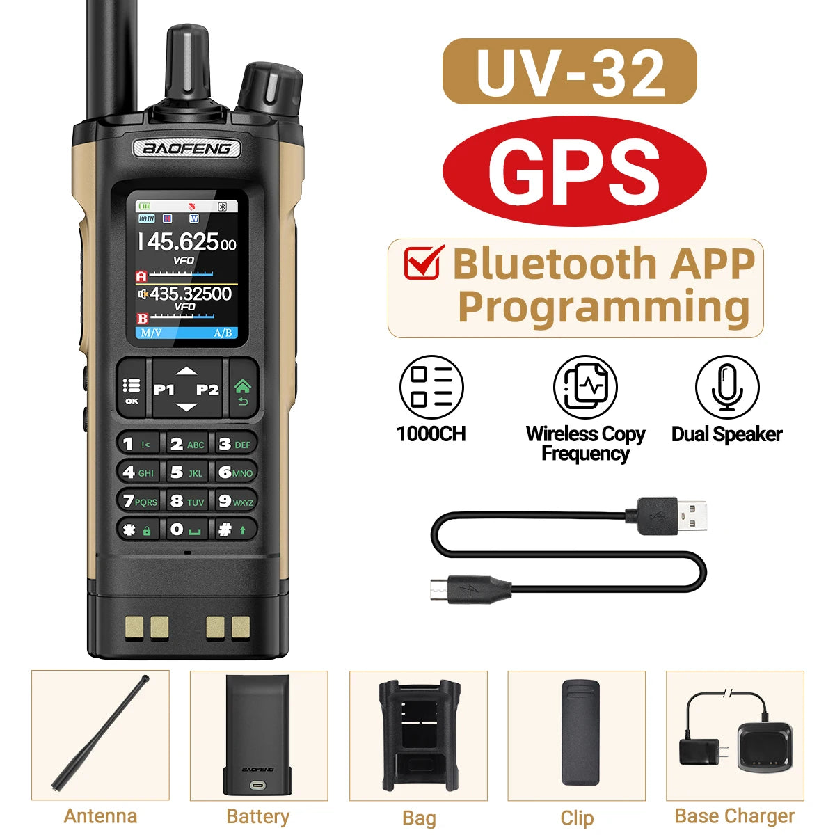 BAOFENG UV-32 GPS Air Band Walkie Talkie Long Range 10W Multi Band Bluetooth Programming Wireless Copy Frequency Two Way Radio