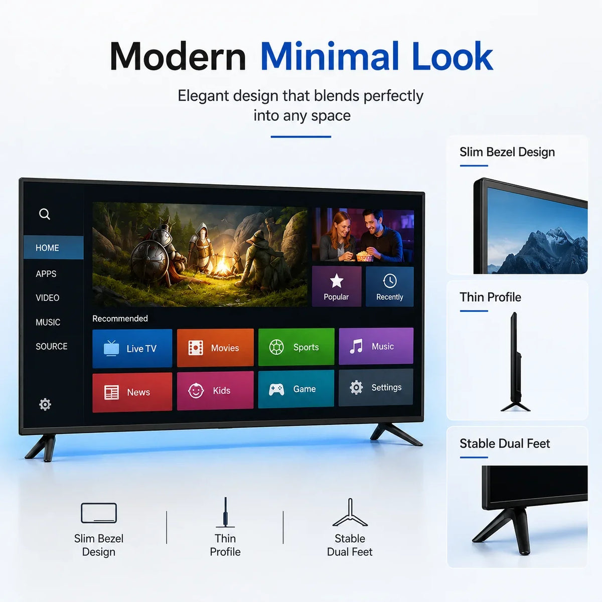 24 32 43 Inch Android Smart TV 4K UHD Full HD LED Television WiFi Streaming Apps HDMI USB HDR Home Hotel KTV TV