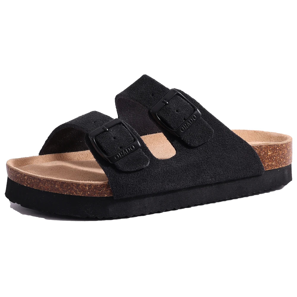 Evshine Leather Cork Footed Clogs Sandals For Women Fashion Flat Mules Slippers with Arch Support Men Double Buckle Cork Slides