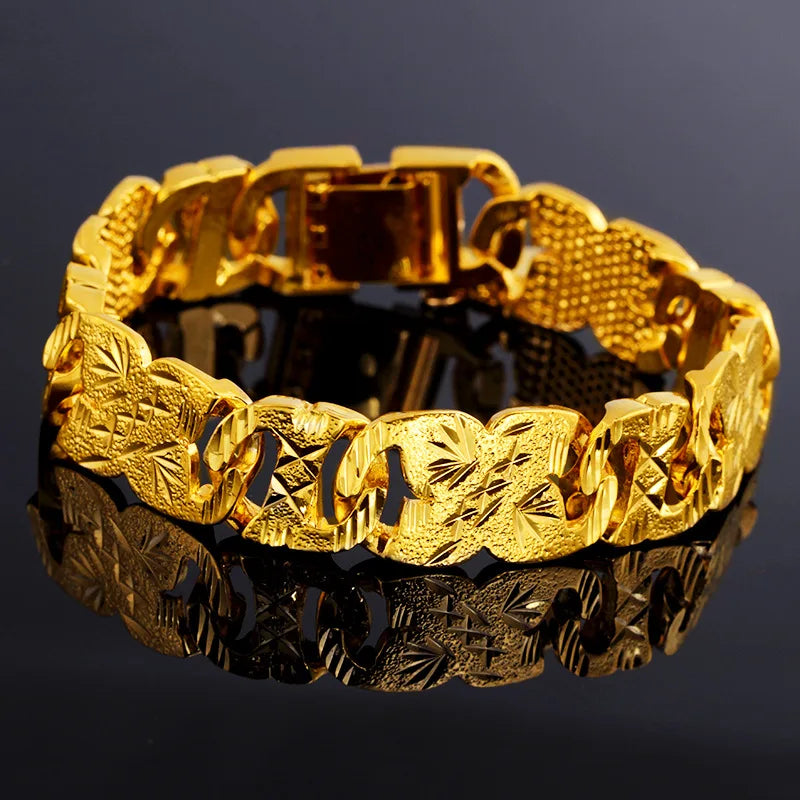 Ethnic Ancient Charm Carved Flower Ethnic Bracelet For Women 24K Gold AU999 | Traditional patterns, elegant and grand