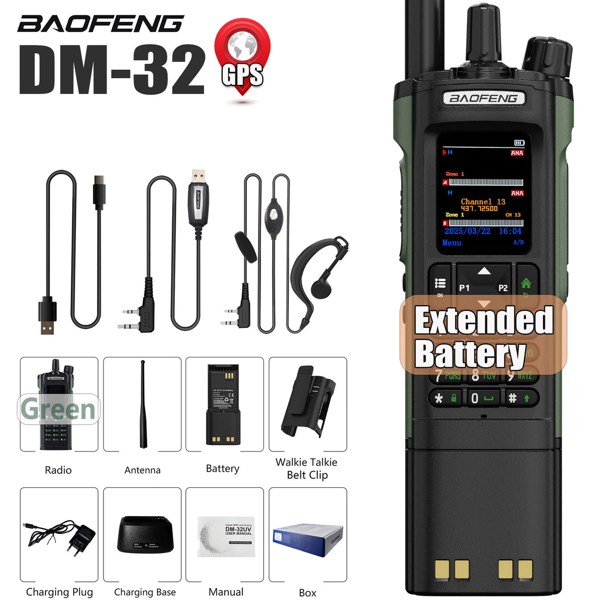BAOFENG DM-32 DM32 Extended Battery 10W DMR Ham 2 Way Radio GPS Matching Writing Frequency Satellite Positioning USB C Belt Clip