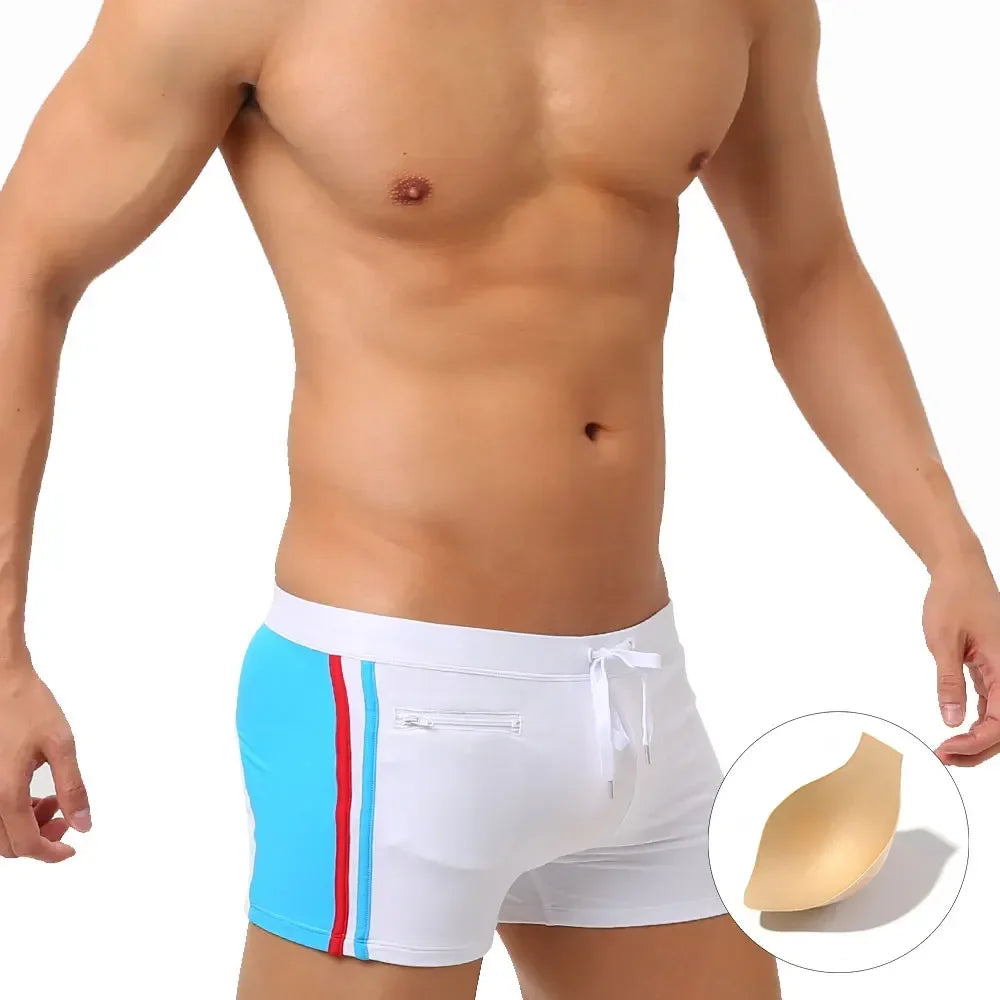 Sexy Swimsuit Beach Quick Drying Trunks Men Swimwear with Zipper Pocket Swimming Boxer Brief Square Leg Bathing Suit Board Short