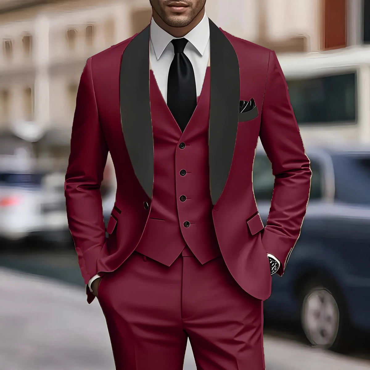 Men'S Green Leaf Collar Three-piece Formal Suit | Contrasting Color Design, Tailored Fit, Includes Vest, Shirt, Pants, Suitable