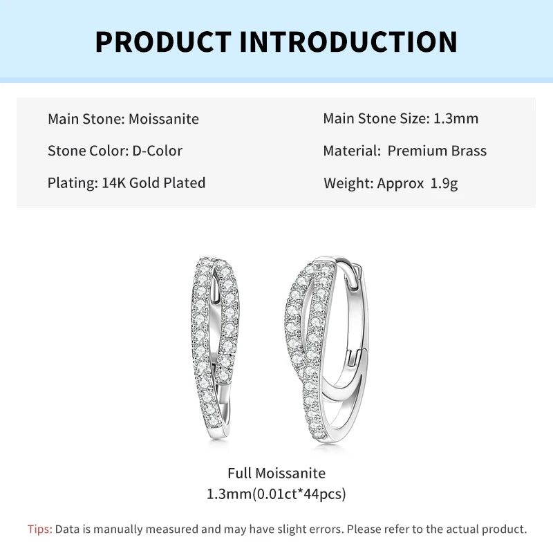 Rrjzz D-Color Lab Created Diamond Huggie Earrings Double-layer Staggered Cross Moissanite Hoop Earrings for Women Jewelry Gifts