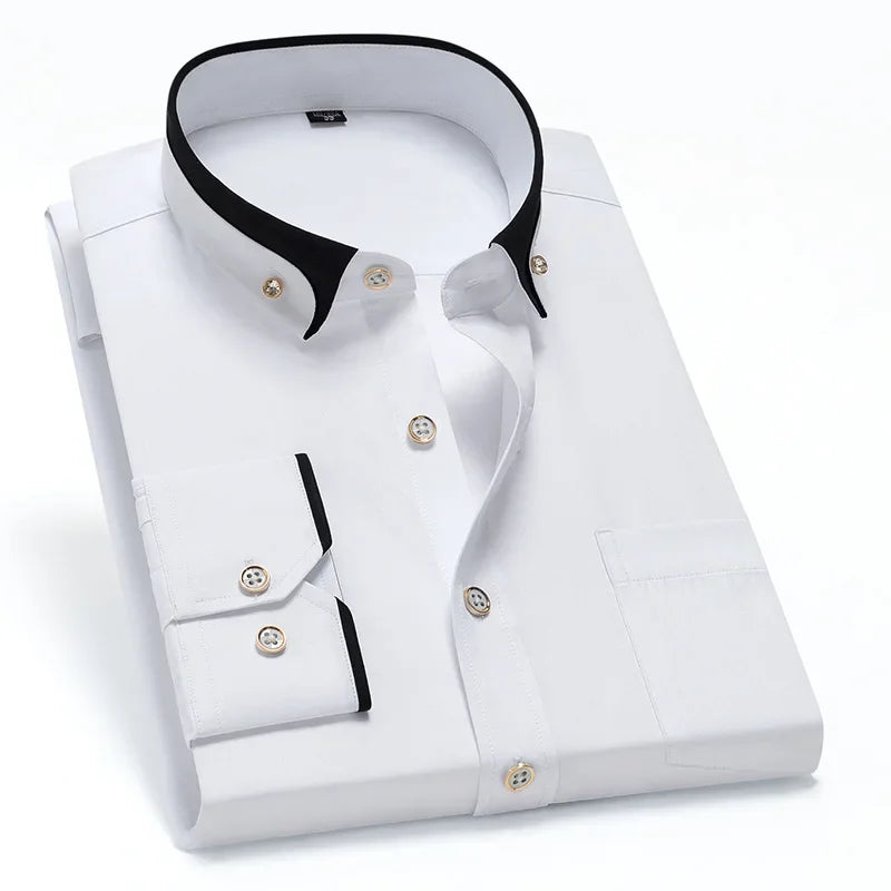 Spring and Autumn New Men's Contrasting Collar Elastic Long Sleeve Shirt Business Casual Comfort No-Iron Shirt Youth Solid Color