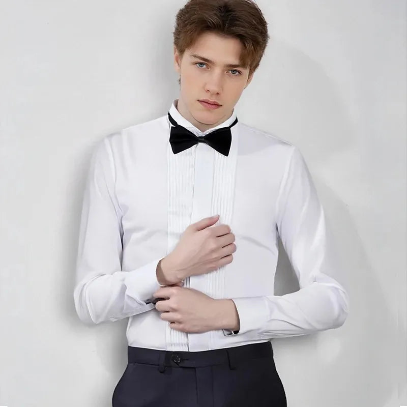 Classic Winged Collar Dress Shirt Men Wingtip Tuxedo Formal With Shirts Red Black Bow Tie Party Dinner Wedding Bridegroom 8XL