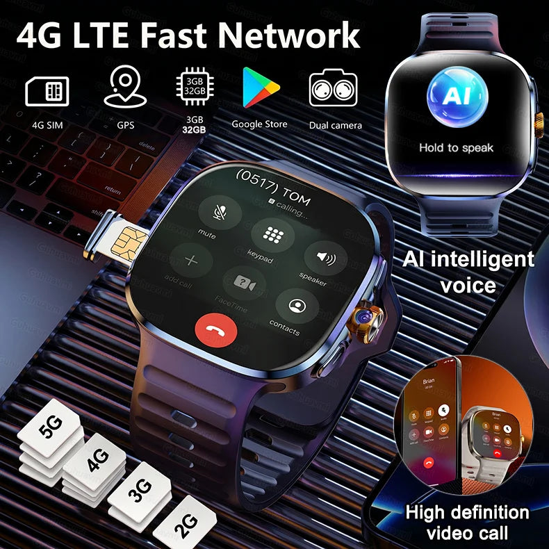 New 4G 5G Full Netcom Smartwatch 2.4 inch Amoled Screen Insert Sim Card GPS WIFI 190° Rotating Camera Game Android Smart Watch