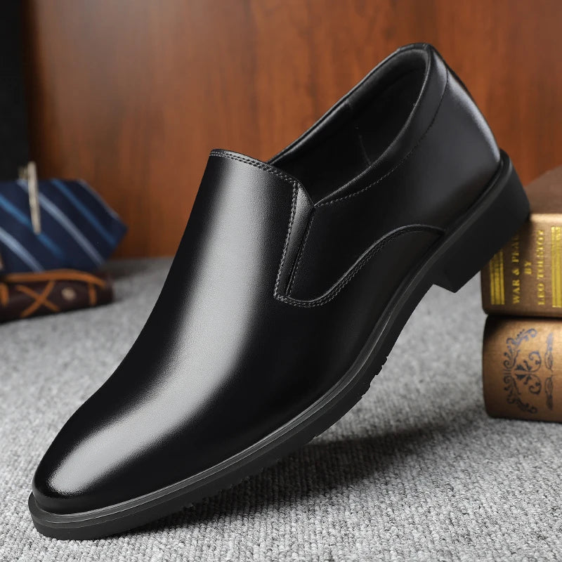 Mens Black Leather Slip On Dress Shoes Formal Business Office Work Comfortable Non Slip Daily Wear Shoes Kick Casual Fashion