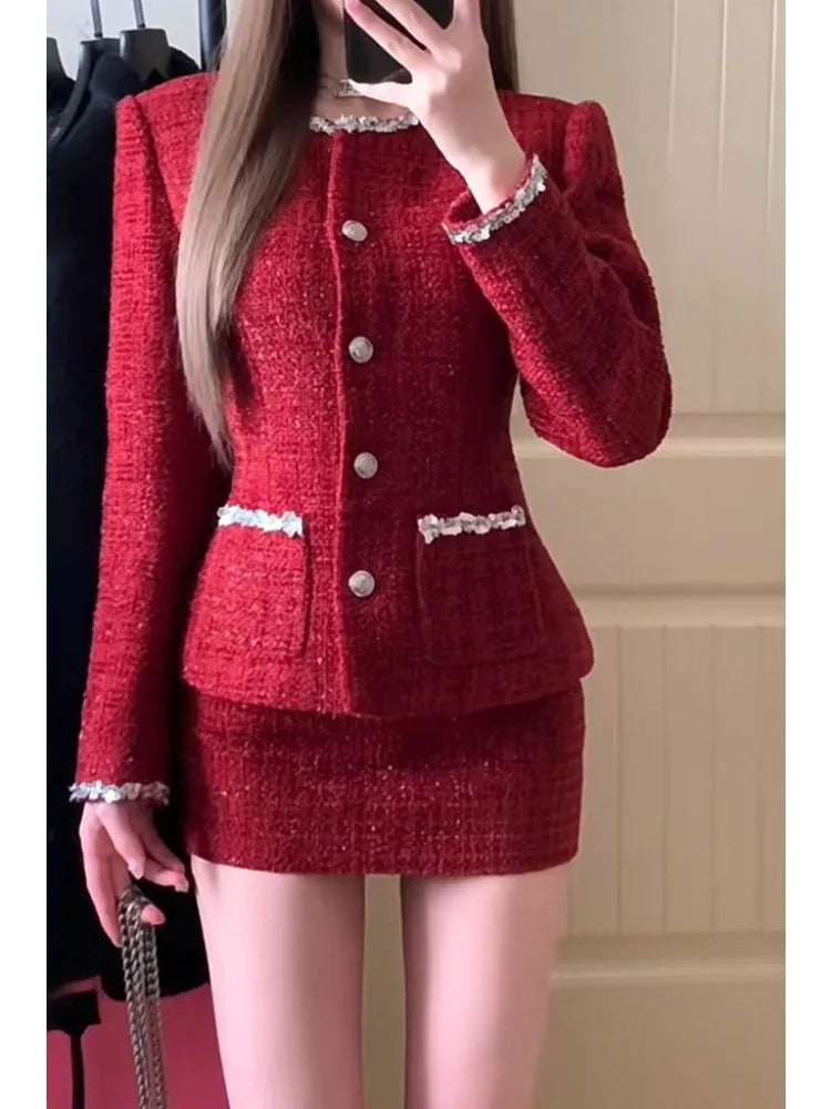 Two Piece Set Women Red Tweed Suit Set with Blazer and Skirt Lace Detail and Buttons Chic Fashion Set for Casual Formal Events
