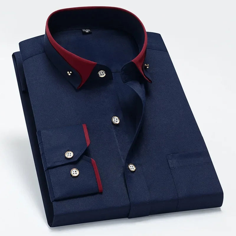 Spring and Autumn New Men's Contrasting Collar Elastic Long Sleeve Shirt Business Casual Comfort No-Iron Shirt Youth Solid Color