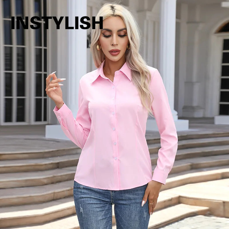Women Elegant Solid Button Shirt Chiffon Blouse Spring Summer Casual Solid Long Sleeve Turn Down Collar Tunics OL Shirt Tops