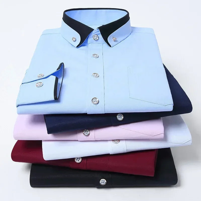 Spring and Autumn New Men's Contrasting Collar Elastic Long Sleeve Shirt Business Casual Comfort No-Iron Shirt Youth Solid Color