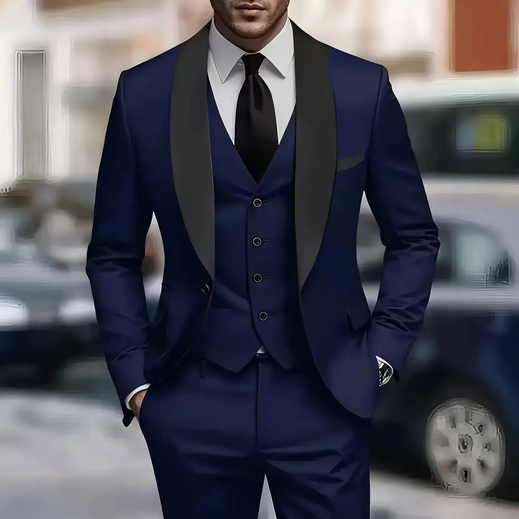 Men'S Green Leaf Collar Three-piece Formal Suit | Contrasting Color Design, Tailored Fit, Includes Vest, Shirt, Pants, Suitable