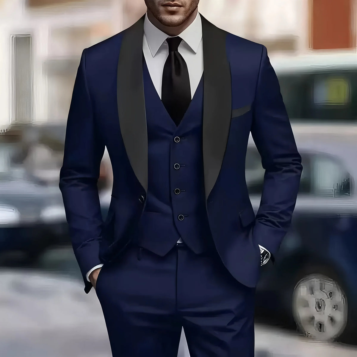 Men'S Green Leaf Collar Three-piece Formal Suit | Contrasting Color Design, Tailored Fit, Includes Vest, Shirt, Pants, Suitable