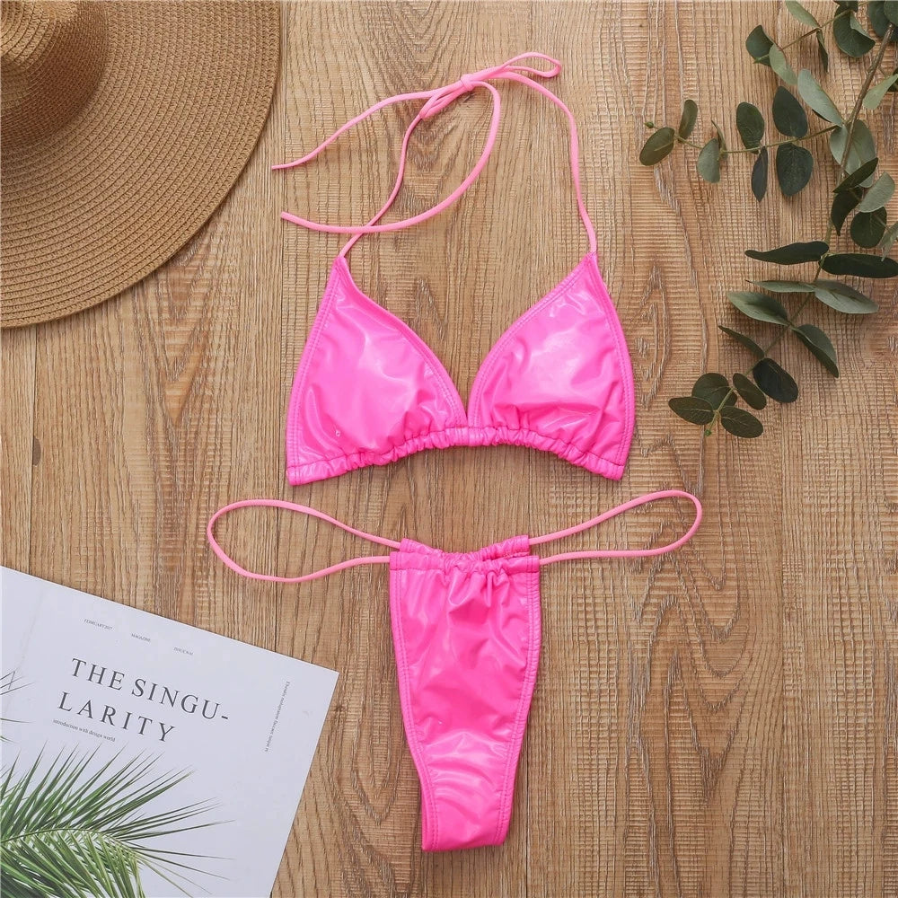 DEKA Shiny PU Mini Micro Bikini 2025 Women Swimsuit Female Brazilian Swimwear Two Pieces Bikini Set High Cut Bathing Suit Swim