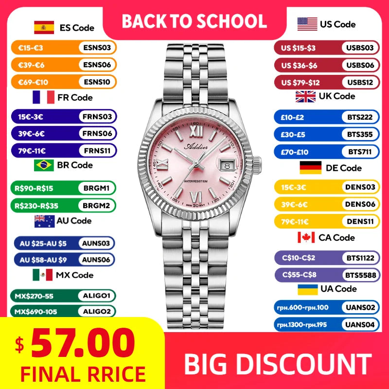 ADDIES 28mm Woman's Watches BGW9 Super Luminous Sapphire Mirror 5Bar Waterproof Diving Elegant Quartz Watch For Women AW25901