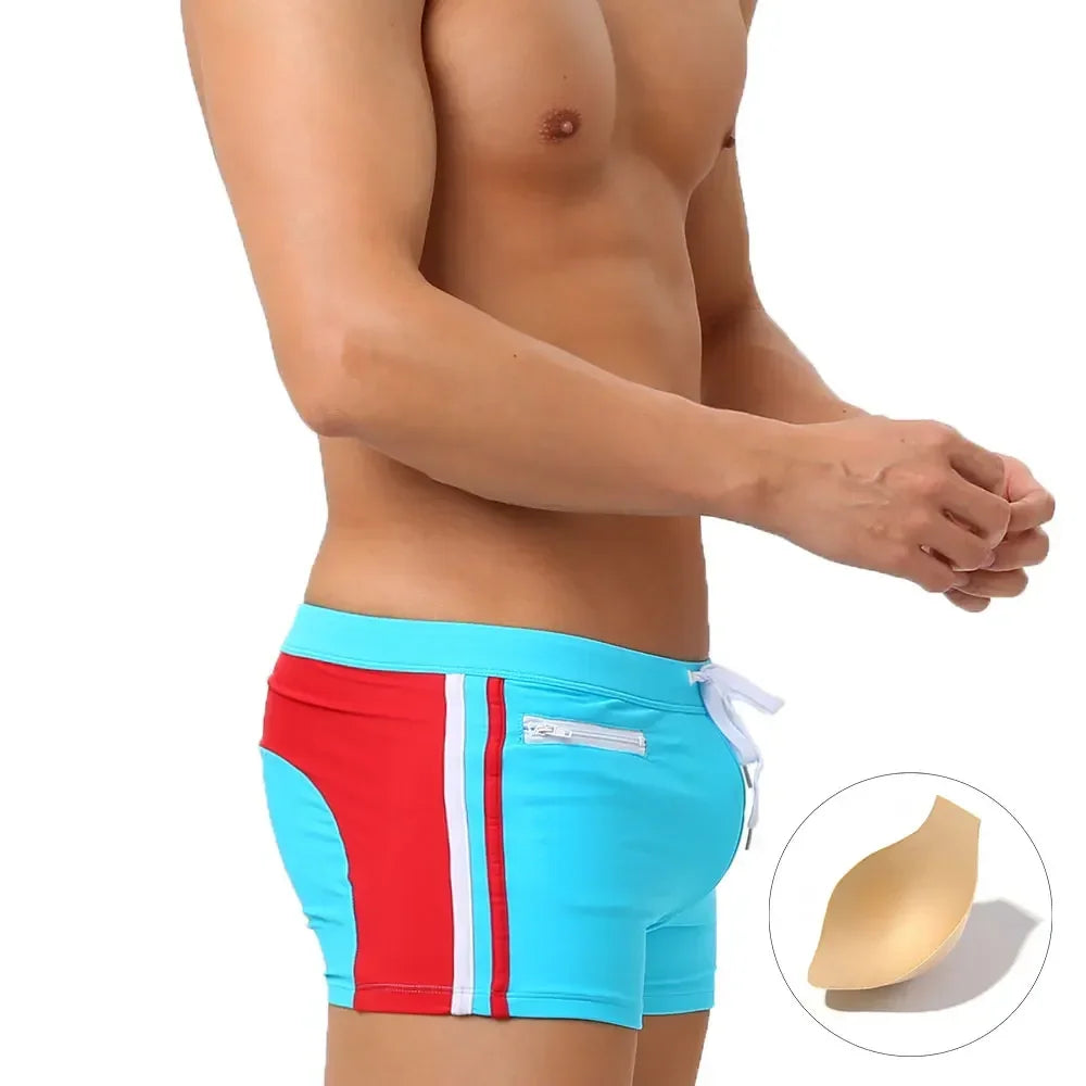 Sexy Swimsuit Beach Quick Drying Trunks Men Swimwear with Zipper Pocket Swimming Boxer Brief Square Leg Bathing Suit Board Short