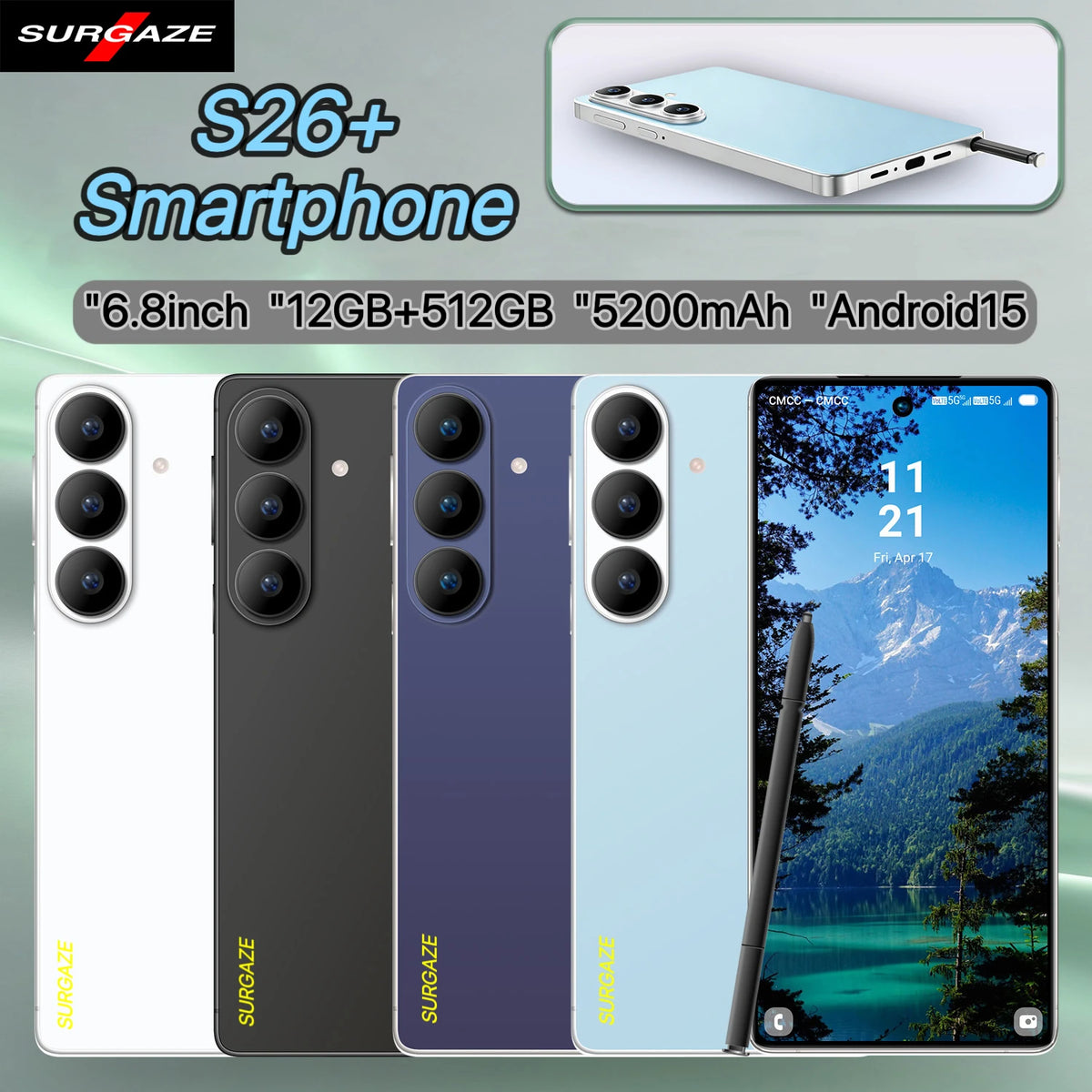 SURGAZE New High-Performance S26+ Smartphone Android15 5200mAh 12GB+512GB 6.8Inch 5G Dual SIM Global Version Mobile Phone
