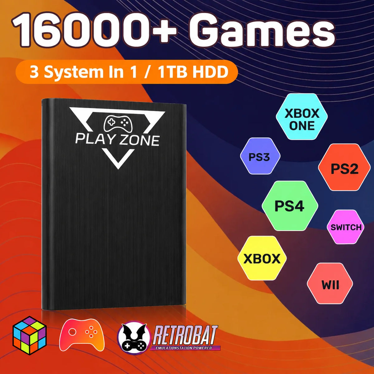 PlayZone 1T Game HDD for PS5/PS4/PS3/Switch/Xbox/N64 Portable Emulator Gaming Hard Drive with 16000+ Retro/PC Games for Win PC