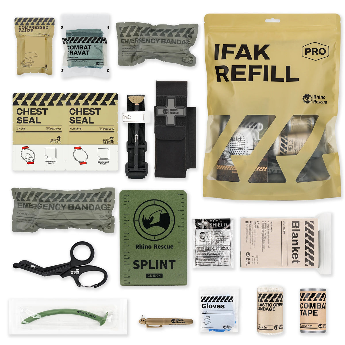10 of 12 Essential CBRN Survival Items - MUST HAVE: IFAK Refill Supplies, Rhino Rescue Trauma Kit, Combat Survival Gear Medical Kit, Tactical for Emergency First Aid