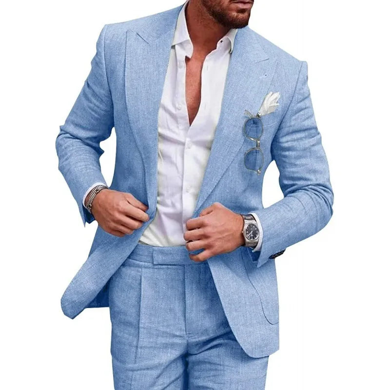 High Quality Linen Suits for Men 2 Piece One Button Male Suit Slim Fit Fashion Casual Wedding Party Solid Smart Casual Suits Man