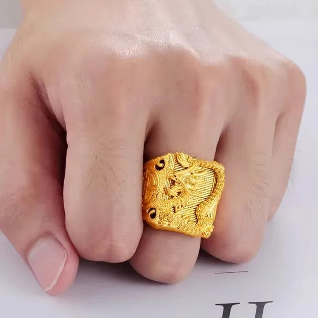 Pure Gold 18 KT Color Ring for Men Bro Luxury Engraving Dragon Adjustable Rings Gentleman Wedding Party Jewelry Gifts