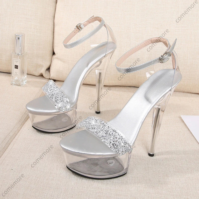 New Women Shoes Summer PVC Sandals Transparent Women's Platform High Heels Crystal Pole Dance Wedding Dress Stripper Shoes