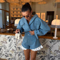 Fashion Solid Shorts Two-Piece Set Women Lapel Full Sleeve Jacket Ruffle Hem Short Pants 2026 Autumn New Lady Casual Streetwear