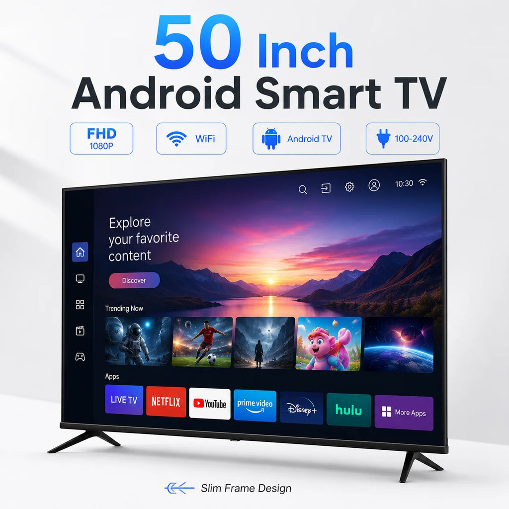 50 Inch Android Smart TV Full HD 1080P LED Television WiFi Screen Mirroring Slim Frame HDMI Home Hotel TV