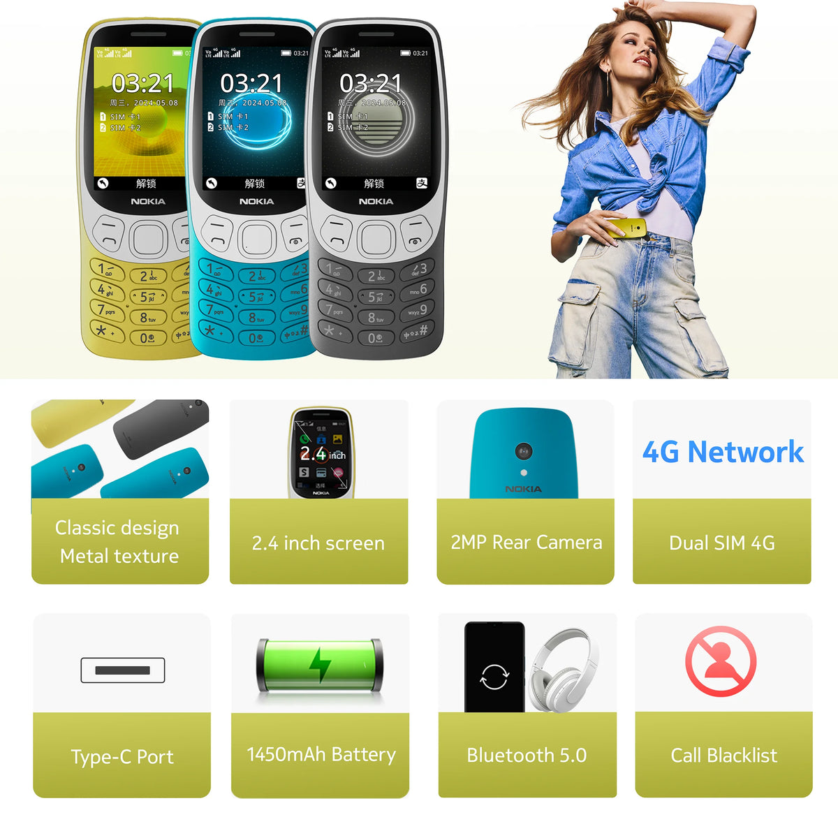 Nokia 3210 4G Feature Phone Bluetooth 5.0 FM Radio Dual SIM 2.4" Type-C Port  1450mAh Bettery Push-button Mobile Phone New