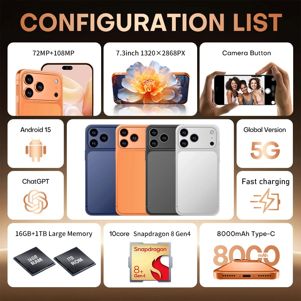 HOT  i17 Pro max 2026 New High Quality original intelligent 4G 5G dual card dual standby system global version 8000mAh battery