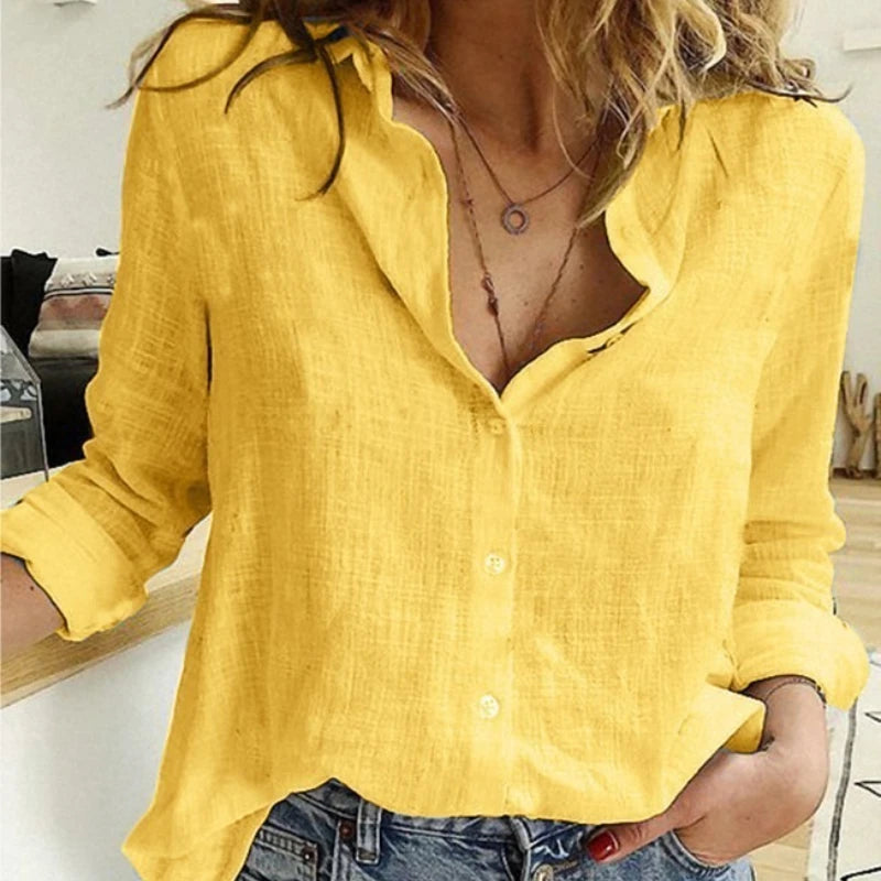 Korean Fashion Blue Pink Lapel Shirt Women'S Summer Thin Cool Cotton Linen Shirt French Elegant V-Neck Long Sleeve Shirt Lady