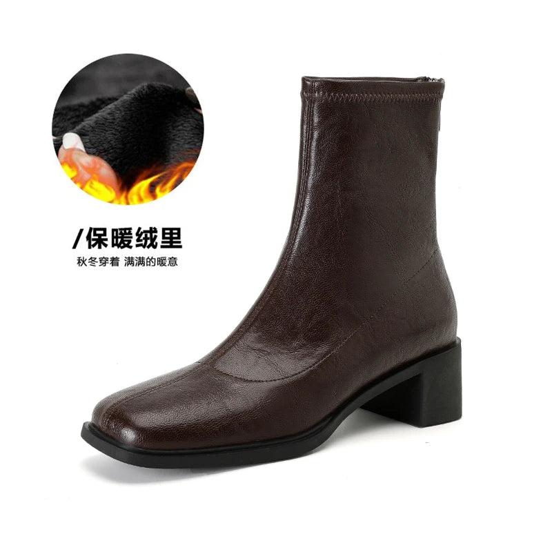 Winter Padded Cotton Shoes Women Plush Soft Leather Long Boot Warm High-heel Fur High Knee Riding Mid-heel Boots Comfortable