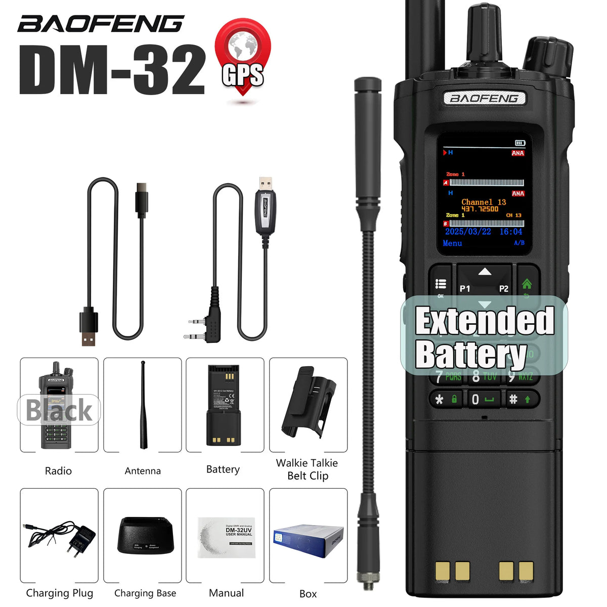BAOFENG DM-32 DM32 Extended Battery 10W DMR Ham 2 Way Radio GPS Matching Writing Frequency Satellite Positioning USB C Belt Clip