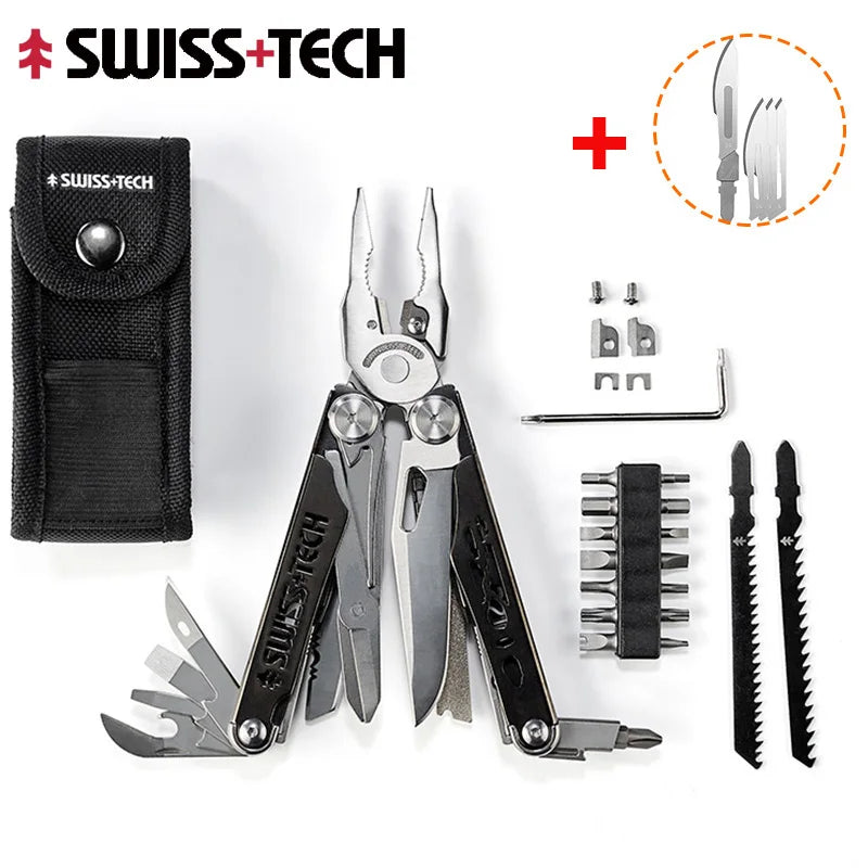 2 of 12 Essential CBRN Survival Items - MUST HAVE: SWISS TECH 37 In 1 Multitool Pliers Folding Multi Tool EDC Outdoor Camping Equipment Emergency with Replaceable Saw Blade