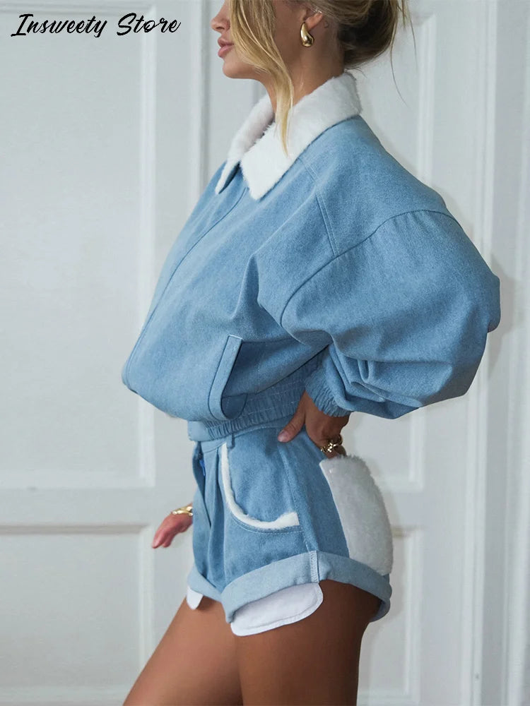 Fashion Solid Shorts Two-Piece Set Women Lapel Full Sleeve Jacket Ruffle Hem Short Pants 2026 Autumn New Lady Casual Streetwear