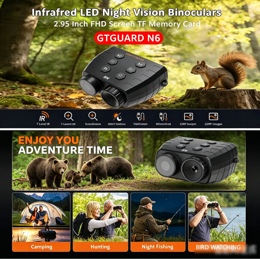 GTGUARD N6 Night Vision Binoculars Goggles Infrared 5X Zoom 1080P FHD Video 12MP 4032X3024 Photo Outdoor Observ Animal Telescope