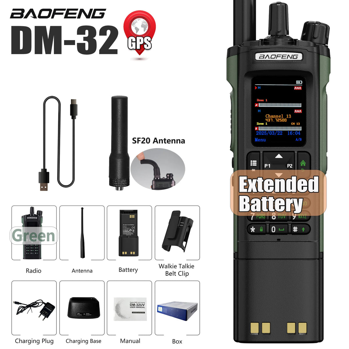 BAOFENG DM-32 DM32 Extended Battery 10W DMR Ham 2 Way Radio GPS Matching Writing Frequency Satellite Positioning USB C Belt Clip