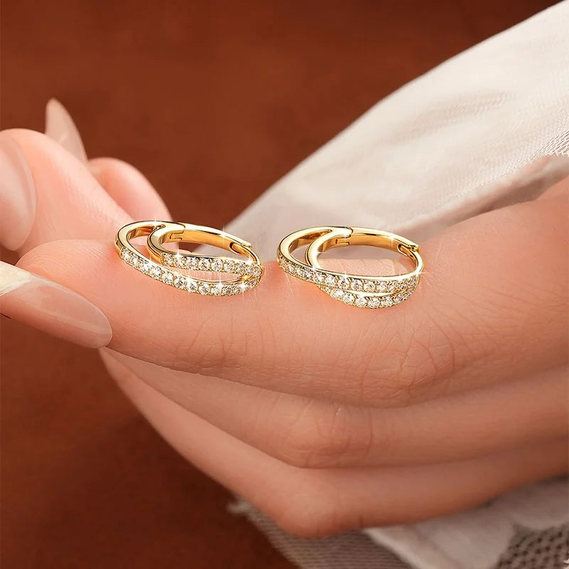 Rrjzz D-Color Lab Created Diamond Huggie Earrings Double-layer Staggered Cross Moissanite Hoop Earrings for Women Jewelry Gifts