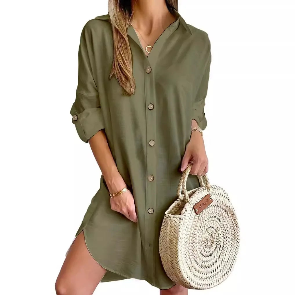 Women's Casual Long Sleeve Button Down Shirt Dress With Roll Tab Sleeves Loose Fit Tunic Dress For Beach Vacation Daily Wear