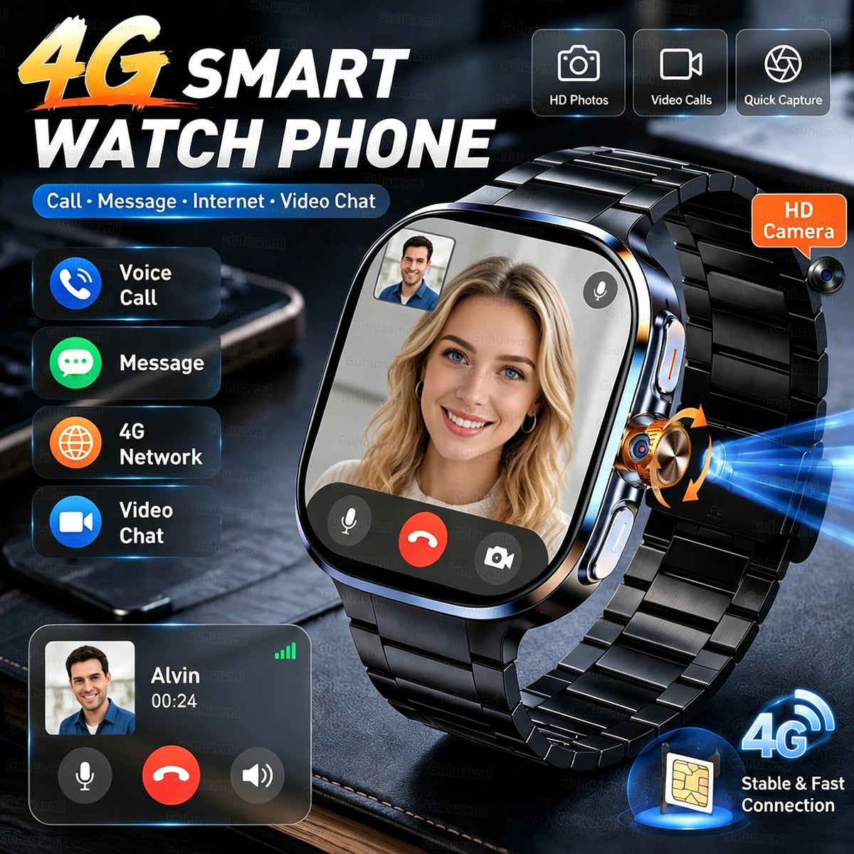 New 4G 5G Full Netcom Smartwatch 2.4 inch Amoled Screen Insert Sim Card GPS WIFI 190° Rotating Camera Game Android Smart Watch