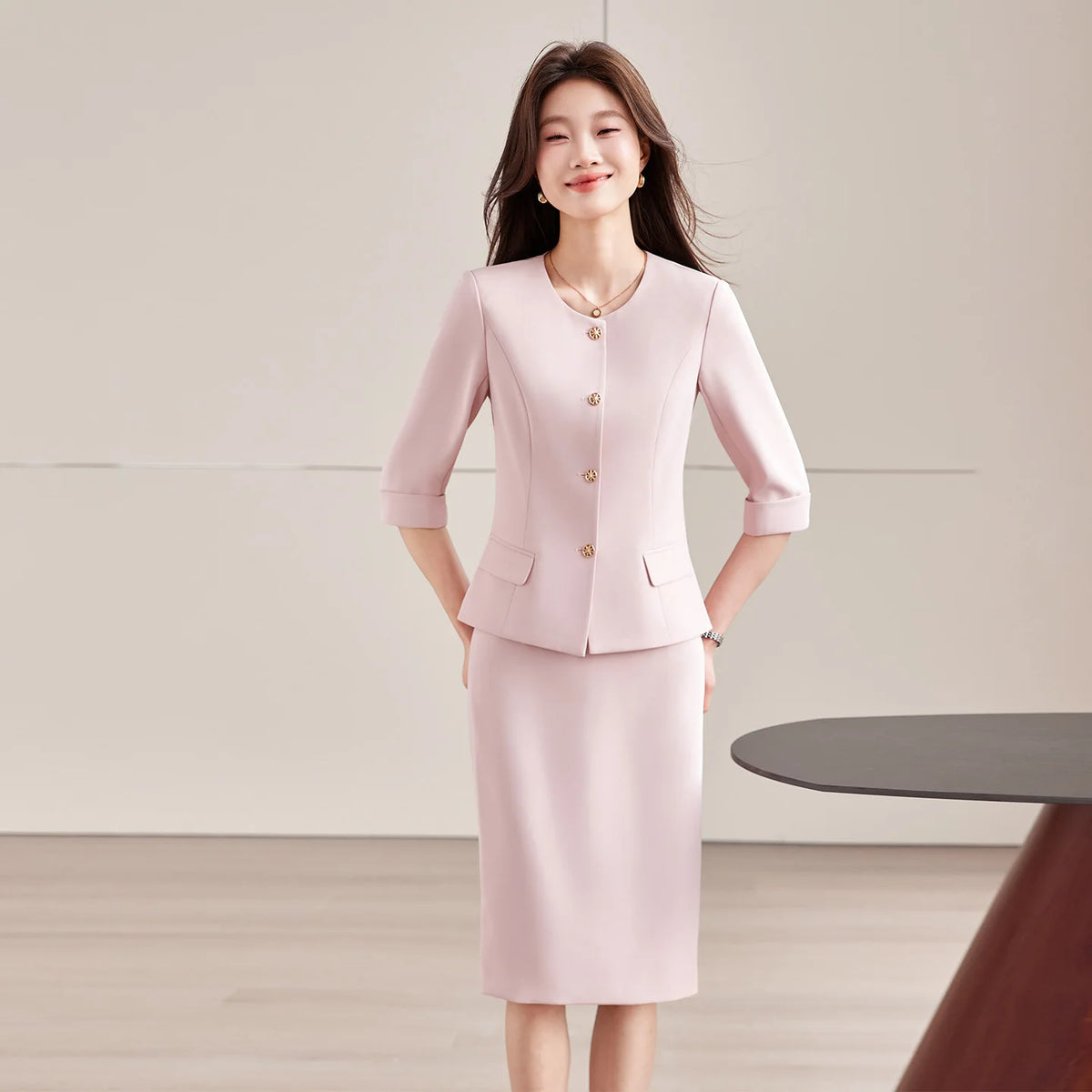High-End Navy Blue Women's Two-Piece Suit Set Mid-Sleeve round Neck Casual Outfit for Lawyers Teachers Business Summer 2026