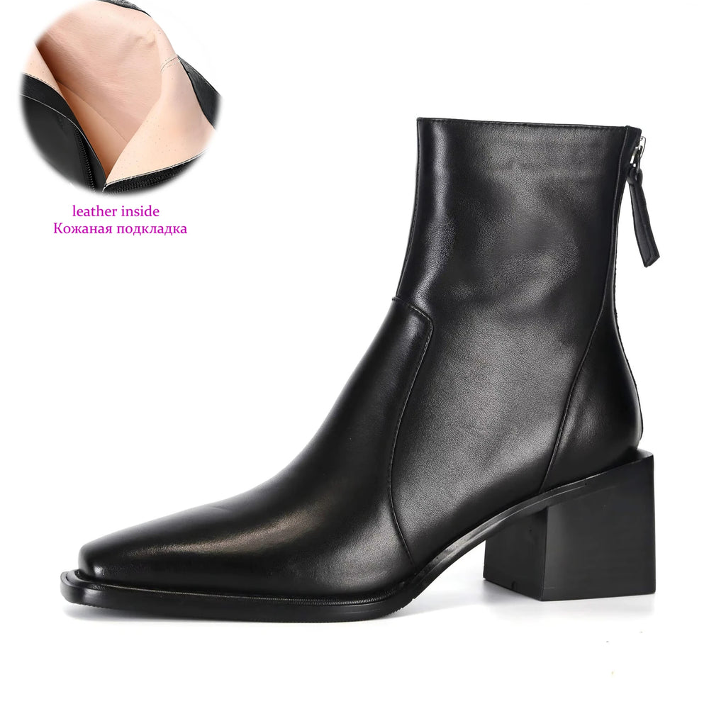 Krazing Pot Big Size 43 Cow Leather High Heels Winter Shoes Classics Chelsea Boots Square Toe Zipper Concise Dating Ankle Boots