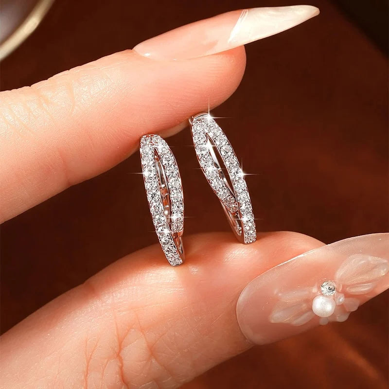 Rrjzz D-Color Lab Created Diamond Huggie Earrings Double-layer Staggered Cross Moissanite Hoop Earrings for Women Jewelry Gifts