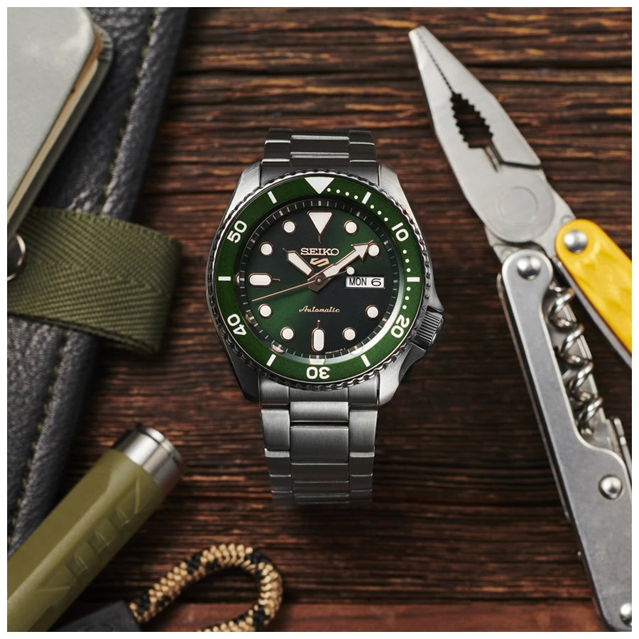 SEIKO 5 SRPD63K1 Automatic Wristwatch for Men 42.5mm Green Sunburst Dial Stainless Steel 100m WR Day-Date Business Casual