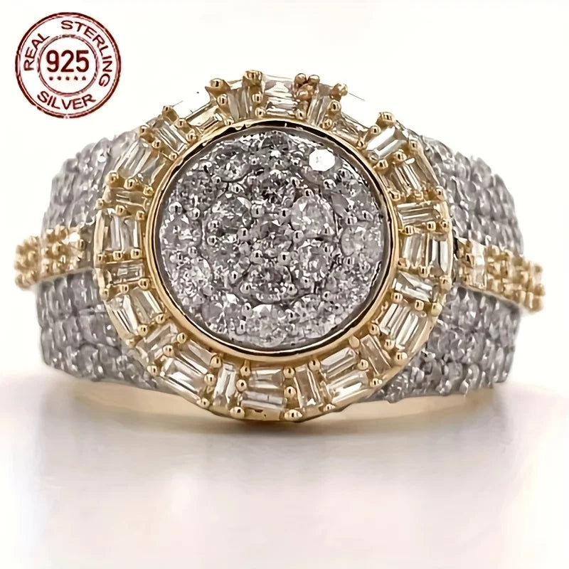 Vintage Luxury S925 Silver Geometric Zircon 18K Gold Plated Men's Engagement Band Hip Hop Rings Business Jewelry