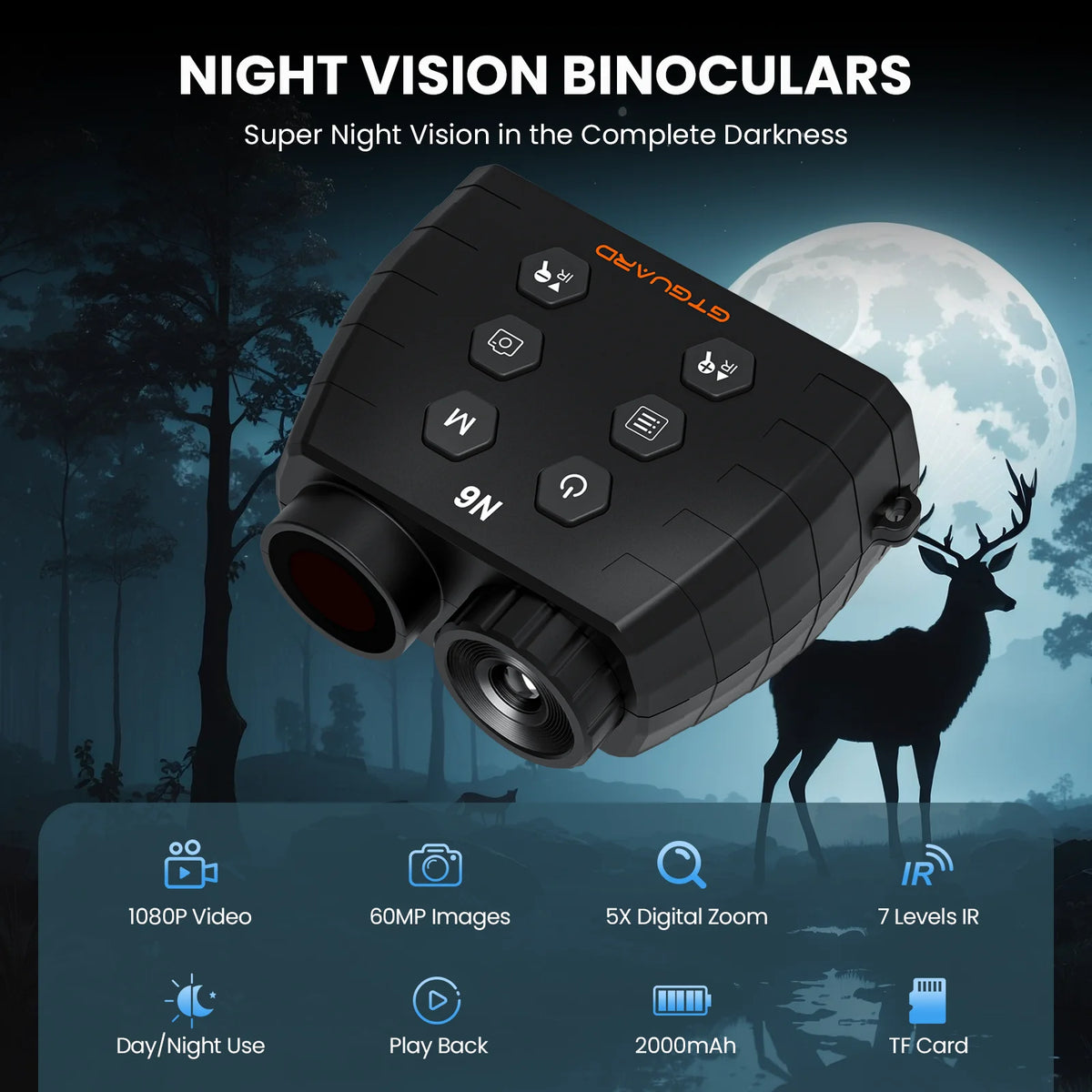GTGUARD N6 Night Vision Binoculars Goggles Infrared 5X Zoom 1080P FHD Video 12MP 4032X3024 Photo Outdoor Observ Animal Telescope