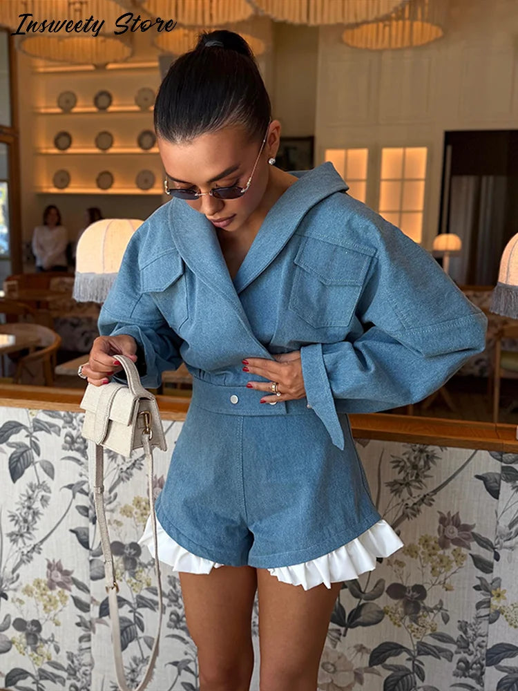 Fashion Solid Shorts Two-Piece Set Women Lapel Full Sleeve Jacket Ruffle Hem Short Pants 2026 Autumn New Lady Casual Streetwear